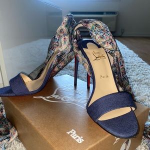 Christian Louboutin Sandale Du Desert Denim/Satin Paisley Heels - NEVER WORN